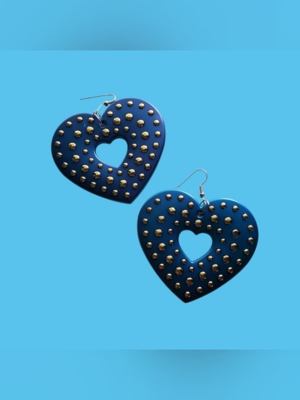 Heart-Shaped Blue and Gold Studded Earrings